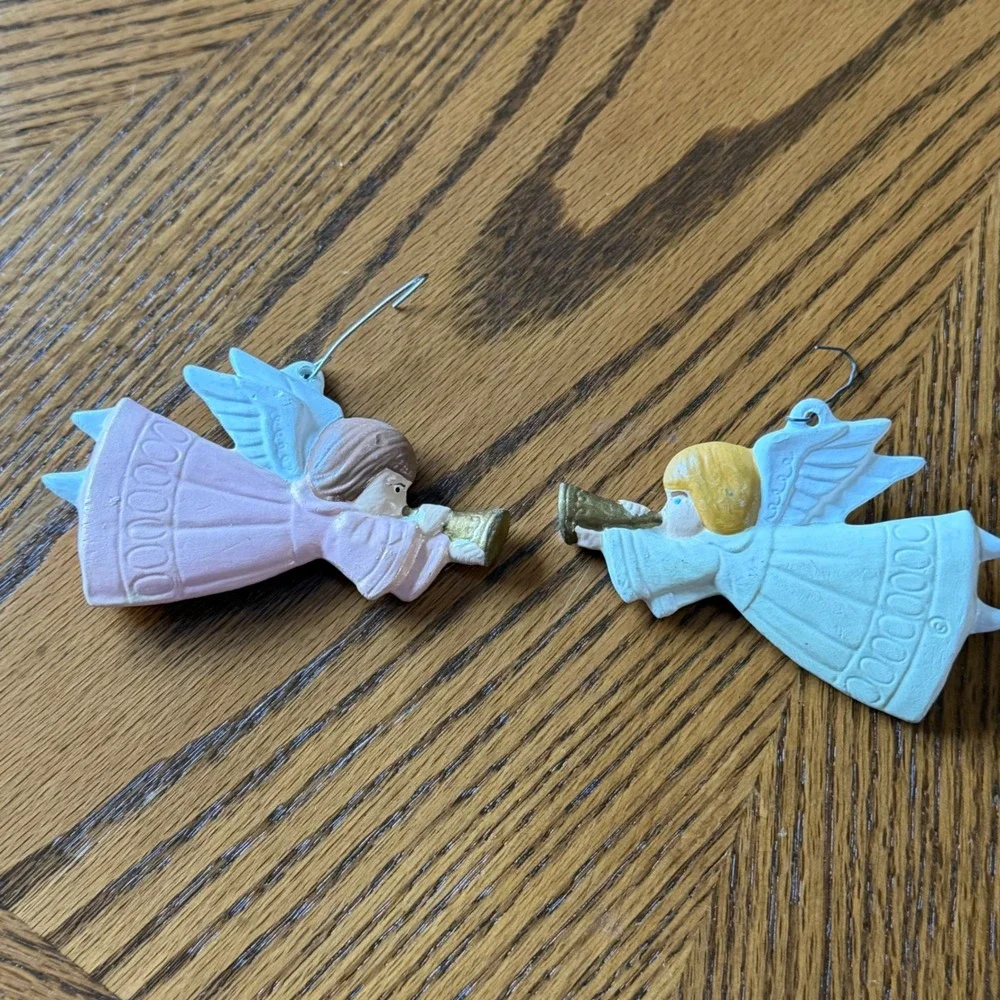 Vintage Angel Christmas Ornaments Set of 2 Pink Cream Trumpet Celestial Decor